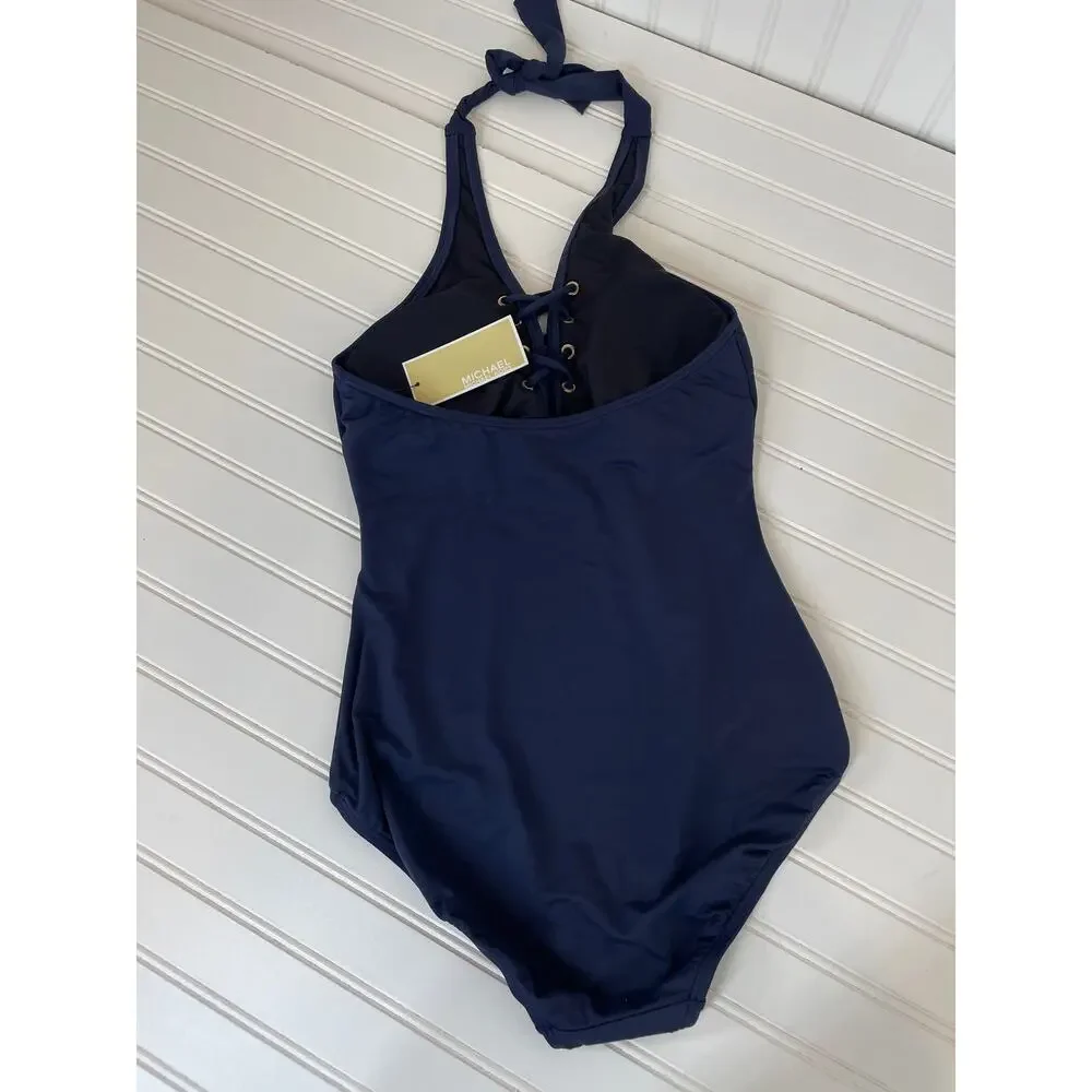NWOT Michael Kors One Piece Bathing Suit Navy Blue Lace Up Halter Swimsuit Sz S